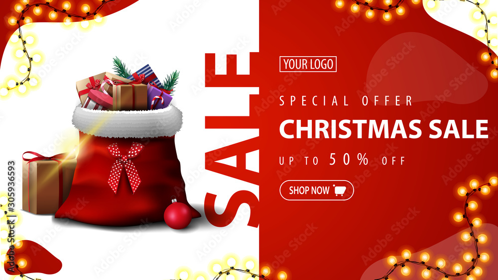 custom made wallpaper toronto digitalSpecial offer, Christmas sale, up to 50% off, green discount banner with garland and Santa Claus bag with presents