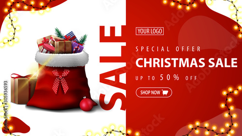 Wallpaper Mural Special offer, Christmas sale, up to 50% off, green discount banner with garland and Santa Claus bag with presents Torontodigital.ca