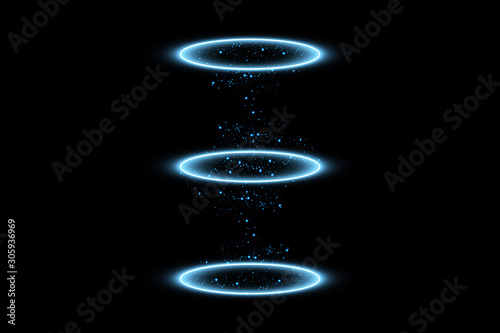 Futuristic teleport. Magic fantasy portal. Light effect. Blue candles rays of a night scene with sparks on a black background. Empty light effect of the podium. Disco club dancefloor.