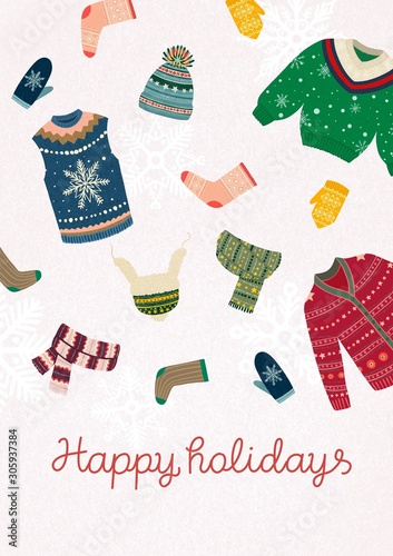 Cute winter postcard with winter clothes pattern, sweter socks mittens hats scarfs and happy holiday wishes