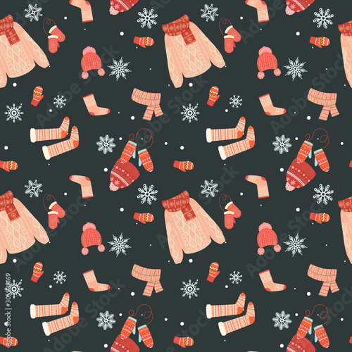Cute winter seamless pattern with lowely winter warm clothes like sweater, mittens and socks on dark green back