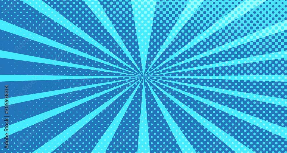Vintage colorful comic book background. Blue blank bubbles of different shapes. Rays, radial, halftone, dotted effects. For sale banner for your designe 1960s. with copy space eps10
