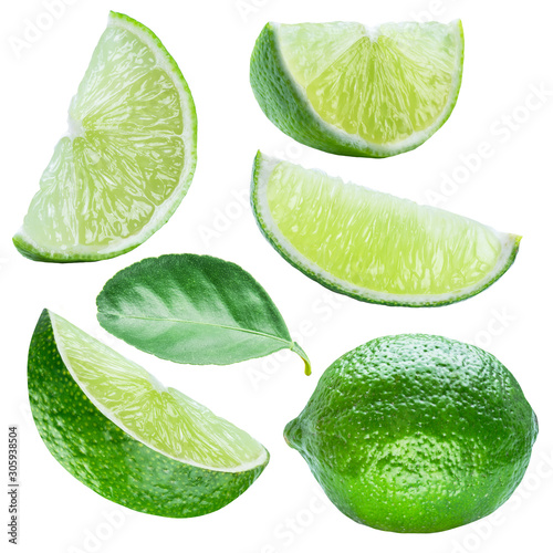 Slices of lime and lime leaа isolated on a white background.