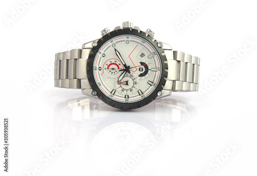 Men's wrist metal watch on white background