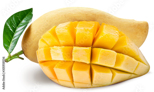 Mango fruit and mango cubes on a white background.