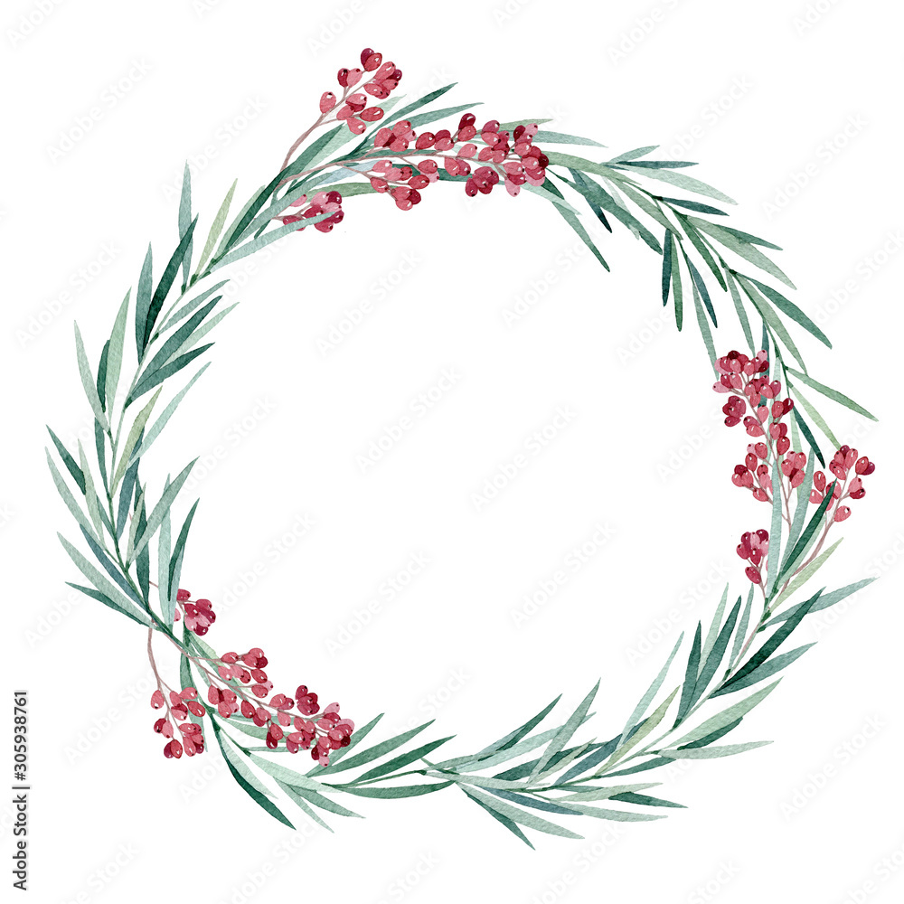 Watercolor Christmas tree, holly and poinsettia. Hand painted vintage frame with branches, berries and leaves isolated on white background. Traditional evergreen frame