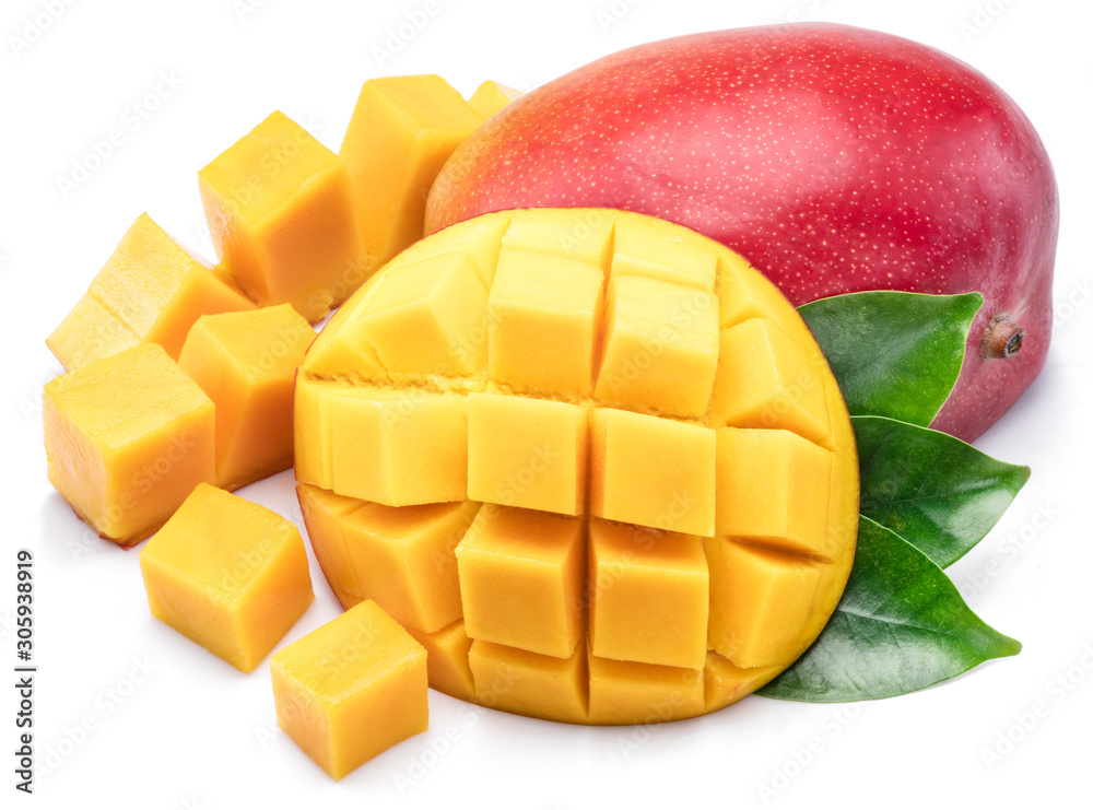 Mango fruit with mango cubes. Isolated on a white background.