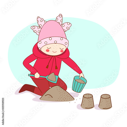 Childhood. A little girl in a red jacket playing in the sandbox. Vector