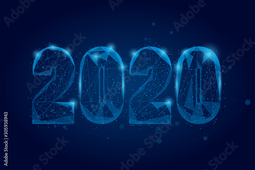 Abstract mash line and point 2020. Vector New Year illustration. Polygonal low poly future technology background. Geometric Greeting card. 