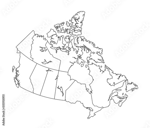 Canada Map, black and white detailed outline with regions of the country.