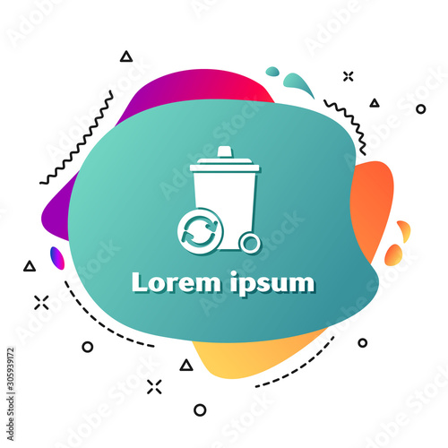 White Recycle bin with recycle symbol icon isolated on white background. Trash can icon. Garbage bin sign. Recycle basket sign. Abstract banner with liquid shapes. Vector Illustration