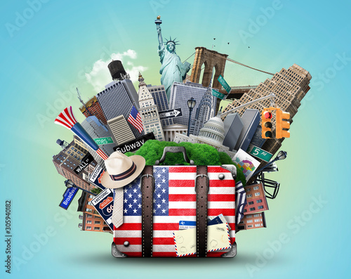 Suitcase with American flag on the background of USA landmarks photo