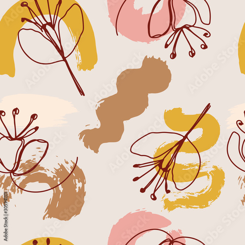 Abstract trendy seamless pattern with random different shapes, tropical plants, flowers in one line style. Floral elements drawn by one line, brush strokes. Modern textile, branding, packaging.
