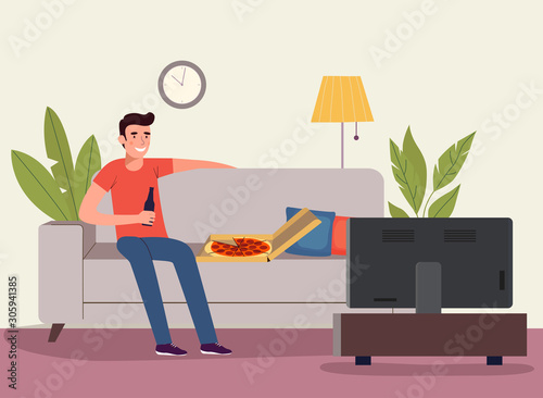 Man watching soccer on the TV with beer and pizza. Vector flat style illustration
