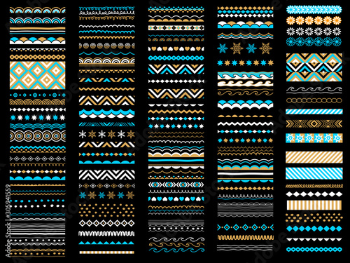 Christmas flat seamless vector border set. New Year card design elements. Xmas patterns, symbols, decoration collection. Hand lettering greeting decorative dividers, borders, ornaments. 