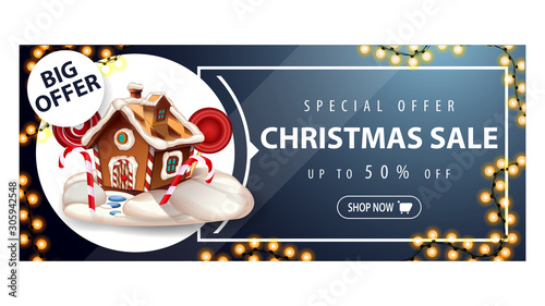 Big offer, Christmas sale, up to 50% off, blue discount banner with garland, button and Christmas gingerbread house
