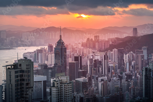 Hong Kong skyline view from Victoria peak before sunrise, travel concept. 