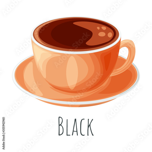 Black coffee cartoon style vector illustration, isolated realistic colorful coffee icon.