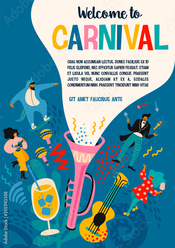 Carnival. Vector illustration with funny men and women in bright modern costumes.