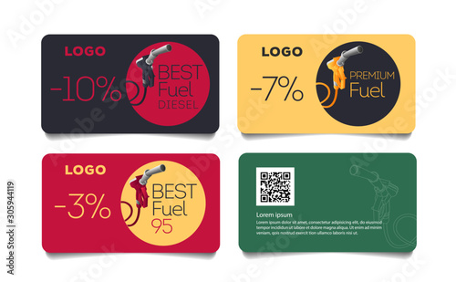Set of discount cards with fuelling gun nozzel illustration, template layout for transport or gas station promo