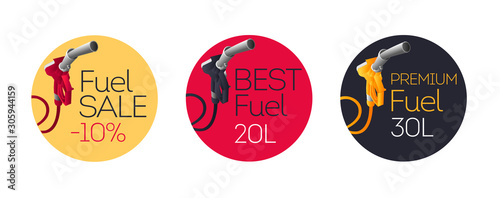 Set of label sticker tags with fuelling gun illustration, fuel gun sticker