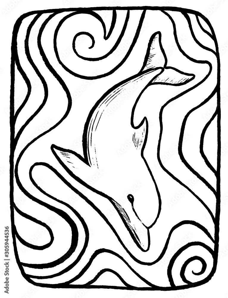 Hand drawn vector illustration. Outline drawing of a dolphin. Abstract picture of sea animals. Undersea world. Line sketch isolated on white. For sticker, poster, banner, card, prints, coloring books. Hand drawn vector illustration. Outline drawing of a dolphin. Abstract picture of sea animals. Undersea world. Line sketch isolated on white. For sticker, poster, banner, card, prints, coloring books.