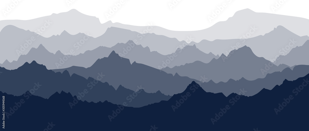 Mountain panorama. Banner with several layers of silhouettes of mountainous terrain. Hills in the evening or in the morning. Flat stock vector illustration isolated on white background