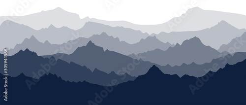 Mountain panorama. Banner with several layers of silhouettes of mountainous terrain. Hills in the evening or in the morning. Flat stock vector illustration isolated on white background