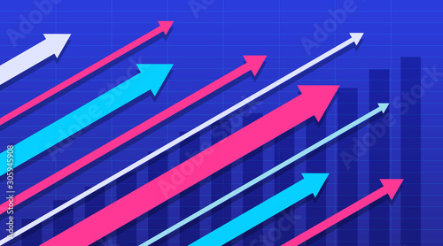 Abstract financial graph with uptrend line and arrows in the stock market on a blue color background. Vector illustration.