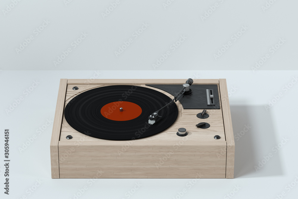 Fototapeta premium Phonograph with white background, plays music, 3d rendering.