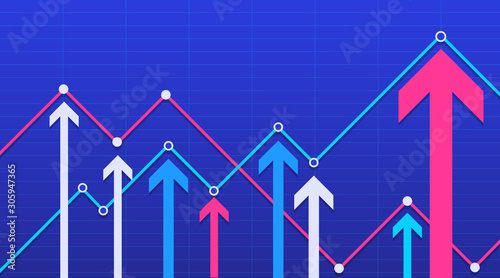 Financial Arrow Graph pointing upwards on a blue background. Vector illustration.