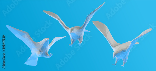 Plaster Eagle. Set of White Eagles on Blue Background. Low Poly Vector 3D Rendering