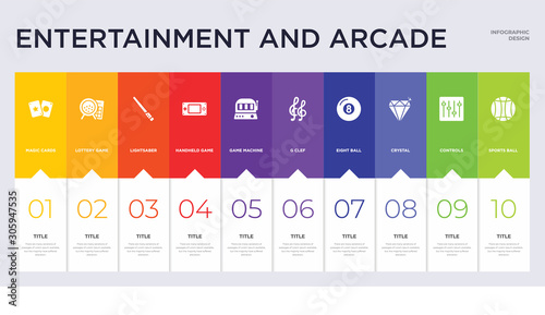 10 entertainment and arcade concept set included sports ball, controls, crystal, eight ball, g clef, game machine, handheld game, lightsaber, lottery game icons