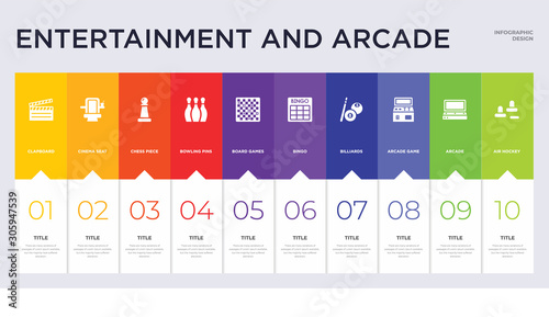 10 entertainment and arcade concept set included air hockey, arcade, arcade game, billiards, bingo, board games, bowling pins, chess piece, cinema seat icons