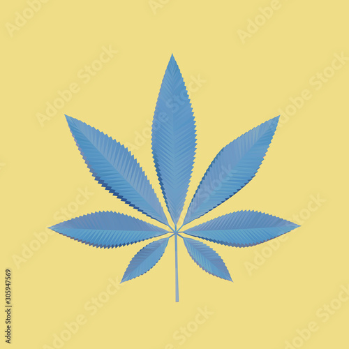Blue Cannabis Leaf on Yellow Background. Low Poly Vector 3D Rendering