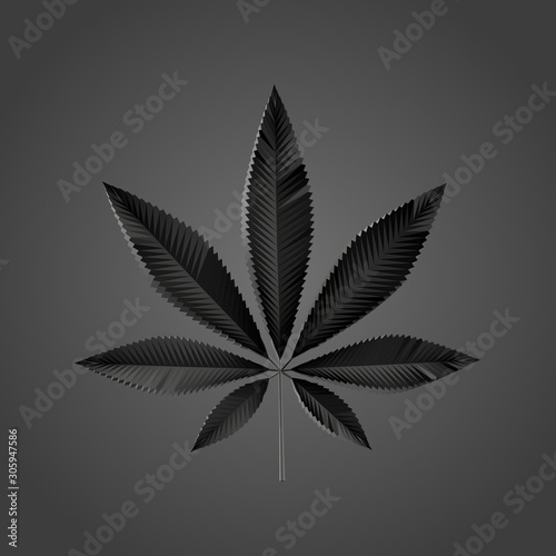 Cannabis Leaf in Black and White. Dark Low Poly Vector Greyscale Silhouette 3D Rendering