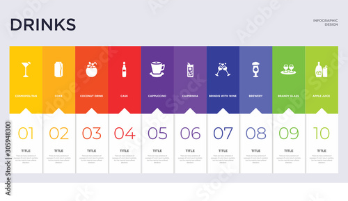 10 drinks concept set included apple juice, brandy glass, brewery, brindis with wine glasses, caipirinha, cappuccino, cask, coconut drink, coke icons