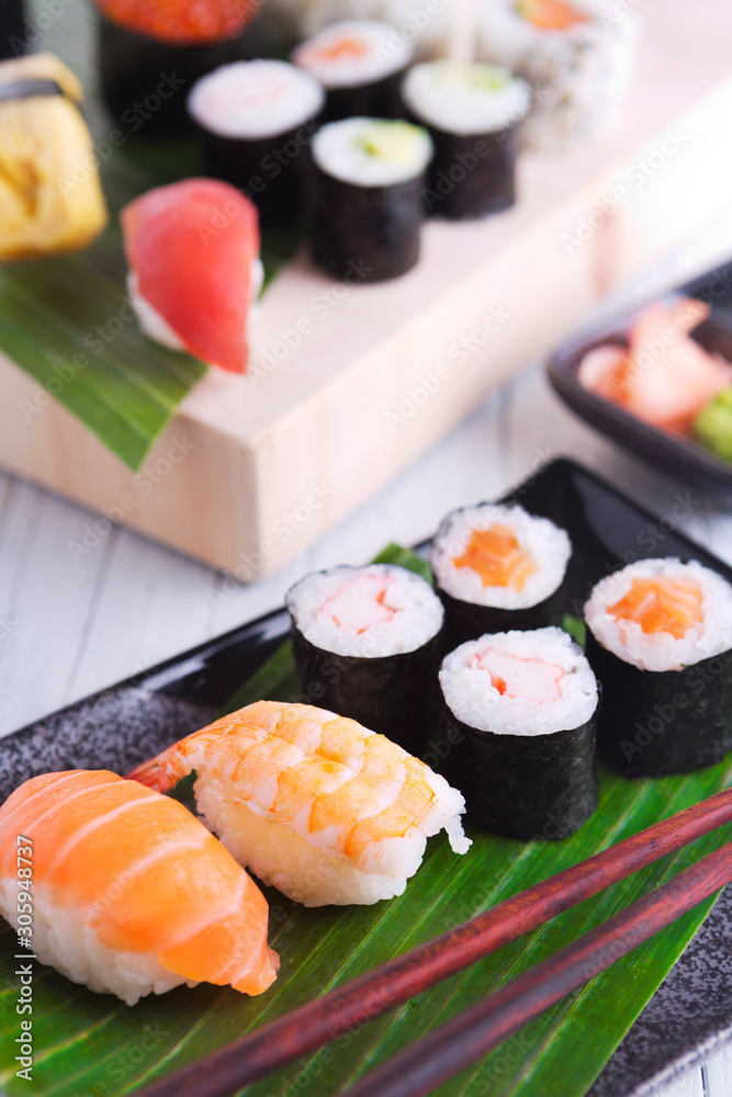 Various Japanese sushi on a plate, shallow depth of field Various Japanese sushi on a plate, shallow depth of field