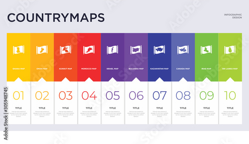10 countrymaps concept set included sri lanka map, iraq map, canada map, kazakhstan bulgaria israel morocco kuwait oman icons