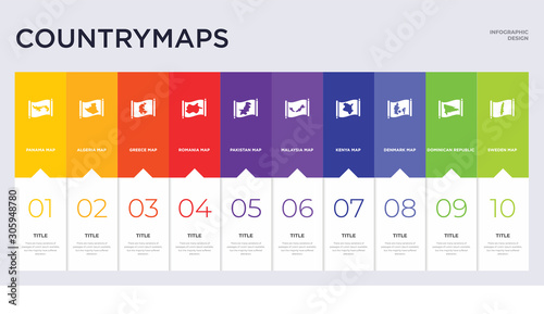 10 countrymaps concept set included sweden map, dominican republic map, denmark map, kenya malaysia pakistan romania greece algeria icons
