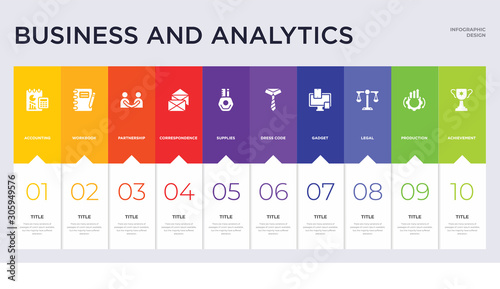 10 business and analytics concept set included achievement, production, legal, gadget, dress code, supplies, correspondence, partnership, workbook icons
