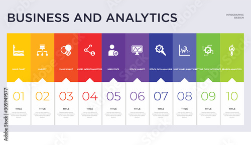 10 business and analytics concept set included search analytics, setting flow interface, sine waves analysis, stock data analysis, stock market, user stats, users interconnected, value chart,