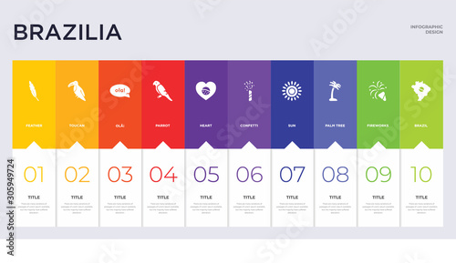 10 brazilia concept set included brazil, fireworks, palm tree, sun, confetti, heart, parrot, olã¡, toucan icons