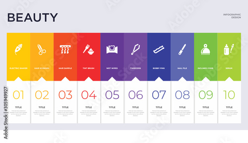 10 beauty concept set included serum, inclined comb, nail file, bobby pins, tweezers, wet wipes, tint brush, hair sample, hair scissors icons