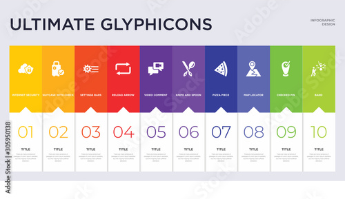 10 ultimate glyphicons concept set included band, checked pin, map locator, pizza piece, knife and spoon crossed, video comment, reload arrow, settings bars, suitcase with check icons