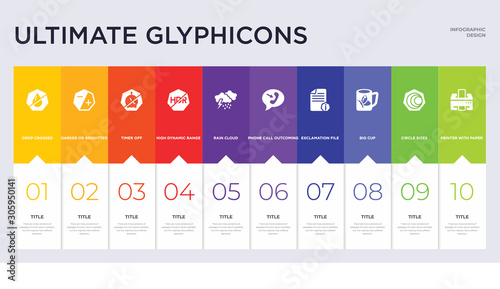 10 ultimate glyphicons concept set included printer with paper, circle sizes, big cup, exclamation file, phone call outcoming, rain cloud, high dynamic range imaging, timer off, darker or brightter
