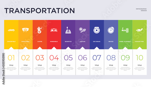 10 transportation concept set included exhaust pipe, wheel alignment, brakes, disc brake, ignition, gearstick, windshield, caster, windscreen icons