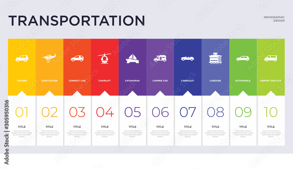 10 transportation concept set included airport shuttle, automobile, caboose, cabriolet, camper car, catamaran, chairlift, compact car, crop duster icons