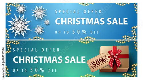 Special offer, Christmas sale, up to 50% off, blue and green horizontal discount banners with paper snowflakes and presents with price tag