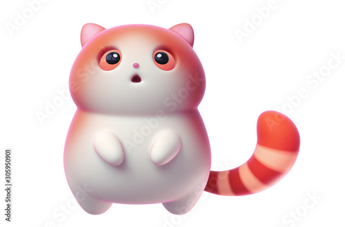 Surprised little kawaii red cat with open mouth and big orange eyes floating in the air. Cartoon funny fat cat with white belly and a striped tail. 3d digital illustration isolated on white background